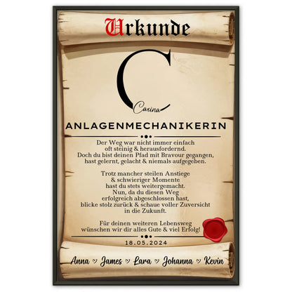 Geschenk Abschluss AusbildungAnlagenmechanikerinPoster Urkunde