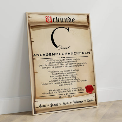 Geschenk Abschluss AusbildungAnlagenmechanikerinPoster Urkunde
