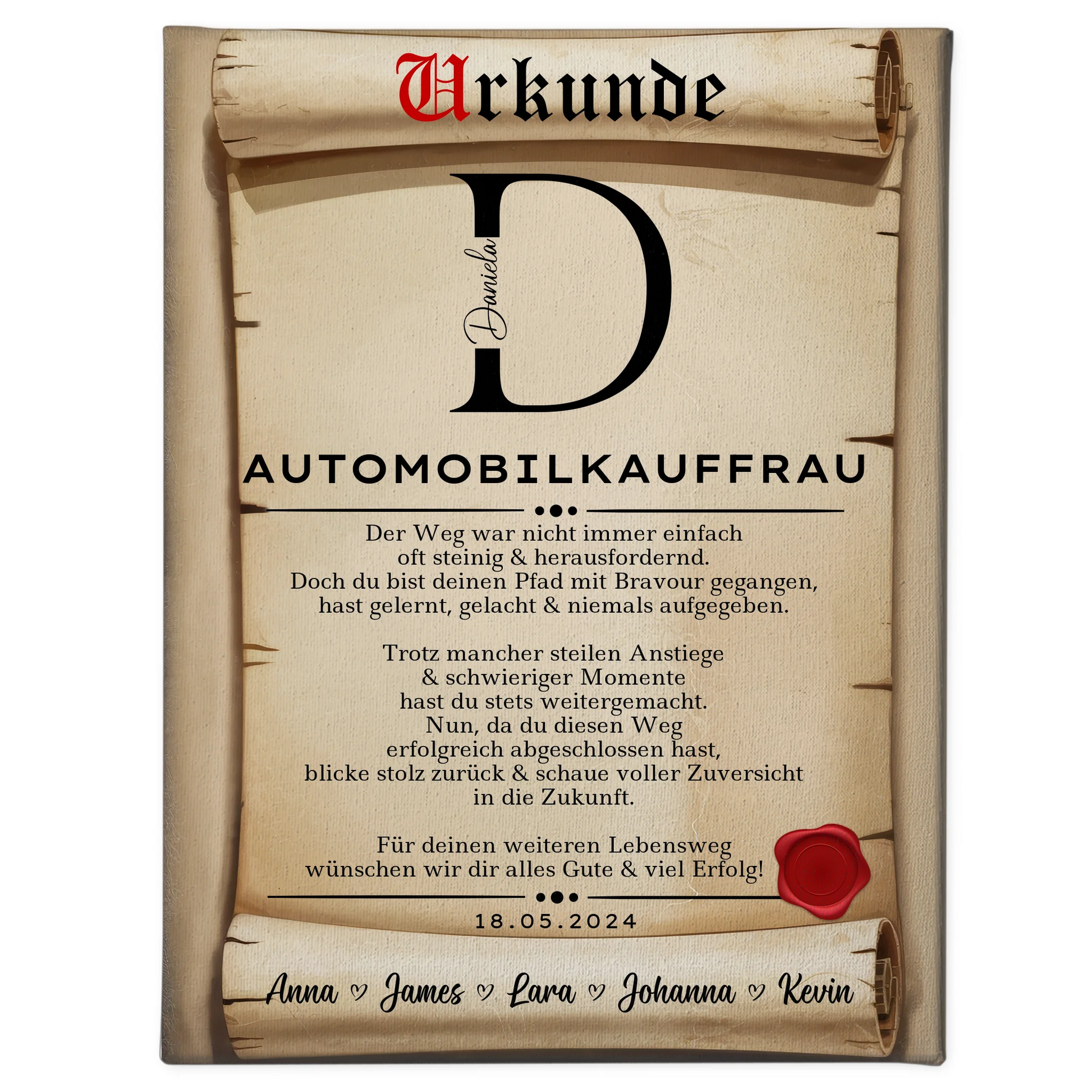 Ausbildungsabschluss Geschenk Automobilkauffrau Leinwand Urkunde 1