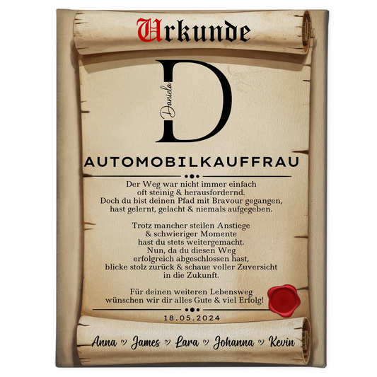 Ausbildungsabschluss Geschenk Automobilkauffrau Leinwand Urkunde 1