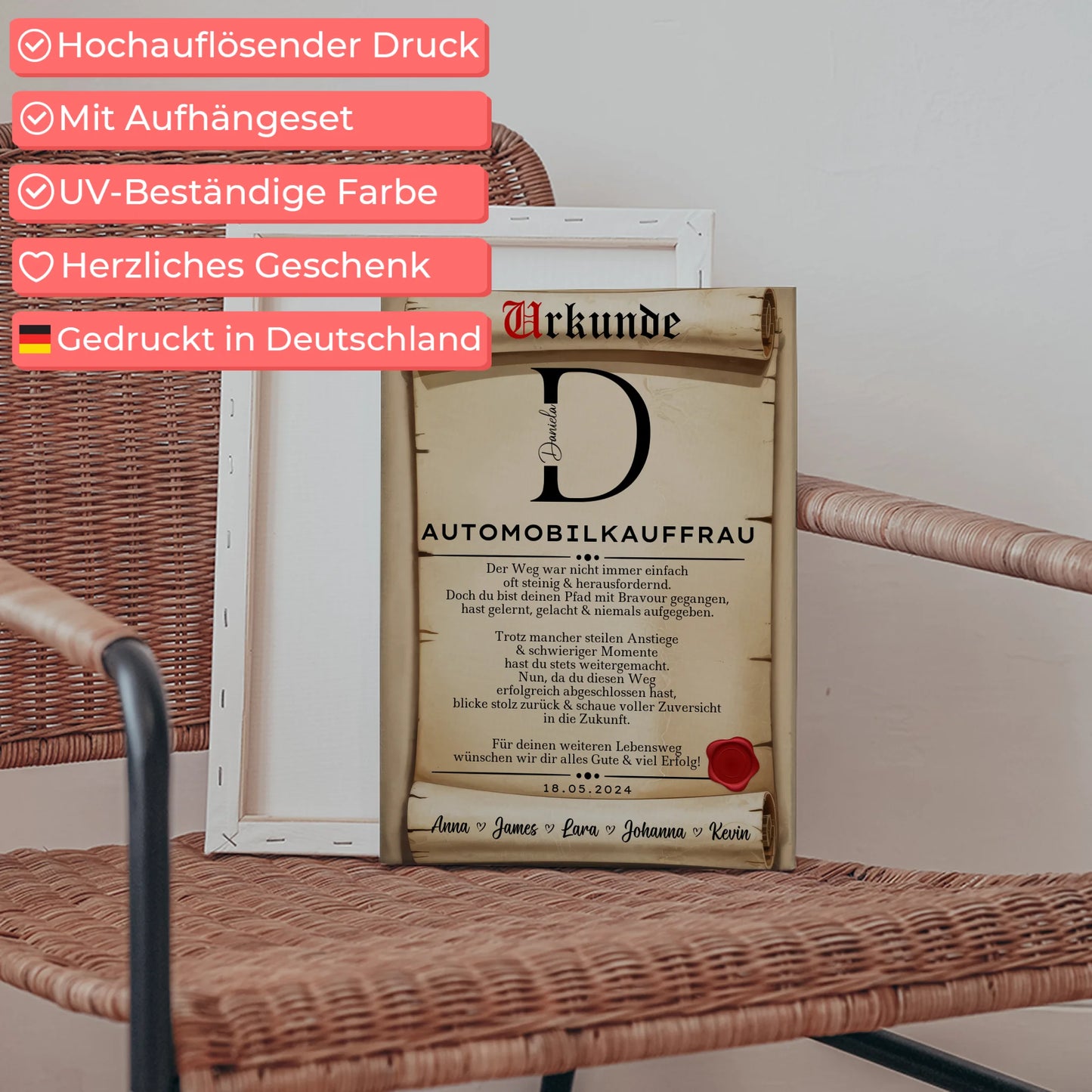 Ausbildungsabschluss Geschenk Automobilkauffrau Leinwand Urkunde 5