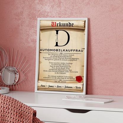 AusbildungsabschlussGeschenk Automobilkauffrau PosterUrkunde