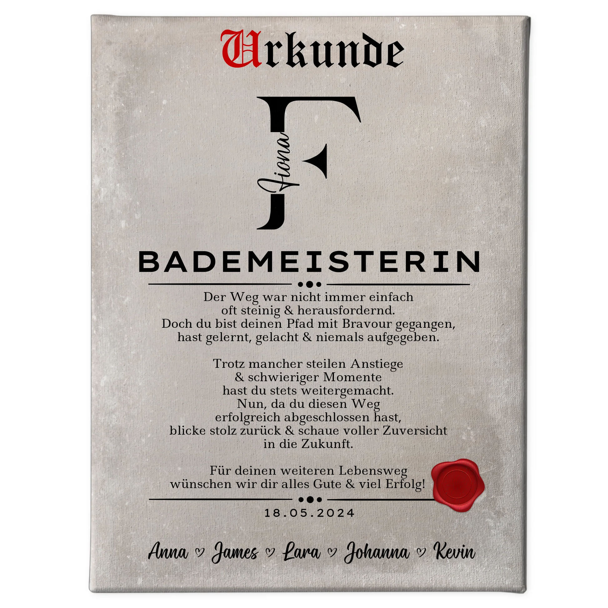 Geschenk Abschluss Ausbildung Bademeisterin Leinwand Urkunde 1