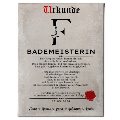 Geschenk Abschluss Ausbildung Bademeisterin Leinwand Urkunde 1