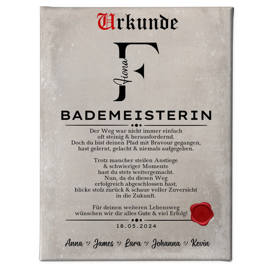 Geschenk Abschluss Ausbildung Bademeisterin Leinwand Urkunde 1