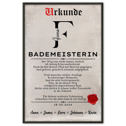 Geschenk Abschluss Ausbildung Poster Urkunde Bademeisterin