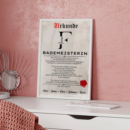 Geschenk Abschluss Ausbildung Poster Urkunde Bademeisterin