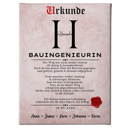 Geschenk Zum Abschluss Ausbildung Bauingenieurin Leinwand Urkunde 1