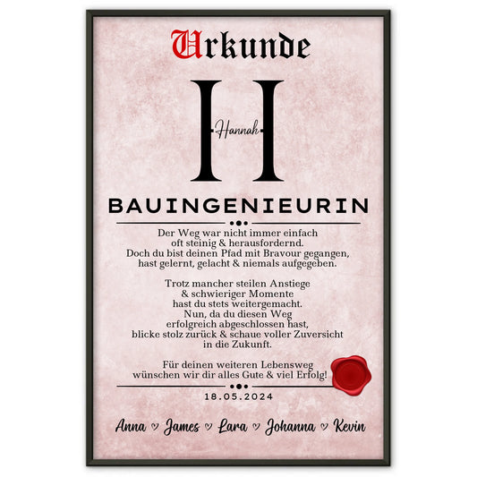 Geschenk Zum Abschluss Ausbildung Bauingenieurin Personalisiert Poster Urkunde