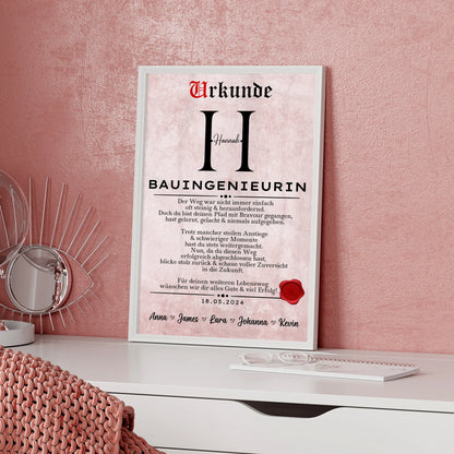 Geschenk Zum Abschluss Ausbildung Bauingenieurin Personalisiert Poster Urkunde