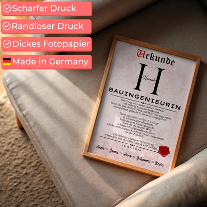 Geschenk Zum Abschluss Ausbildung Bauingenieurin Personalisiert Poster Urkunde