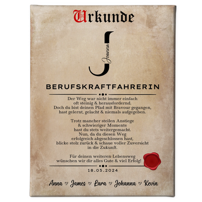Ausbildungsabschluss Geschenk Berufskraftfahrerin Leinwand Urkunde 1