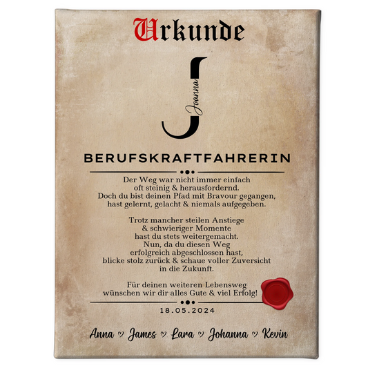 Ausbildungsabschluss Geschenk Berufskraftfahrerin Leinwand Urkunde 1
