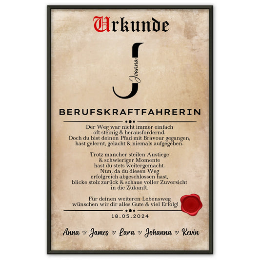 Ausbildungsabschluss Geschenk Berufskraftfahrerin Poster Urkunde Personalisiert