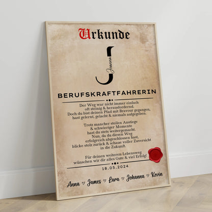 Ausbildungsabschluss Geschenk Berufskraftfahrerin Poster Urkunde Personalisiert