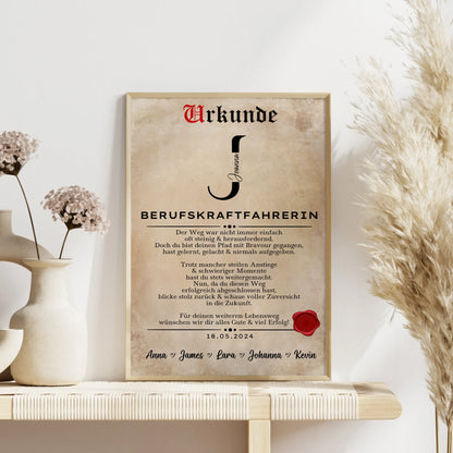 Ausbildungsabschluss Geschenk Berufskraftfahrerin Poster Urkunde Personalisiert
