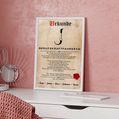 Ausbildungsabschluss Geschenk Berufskraftfahrerin Poster Urkunde Personalisiert