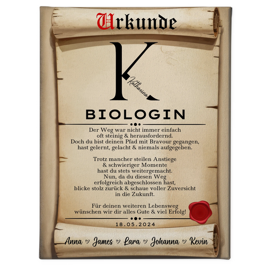 Geschenk Zum Abschluss Ausbildung Biologin Leinwand Urkunde 1