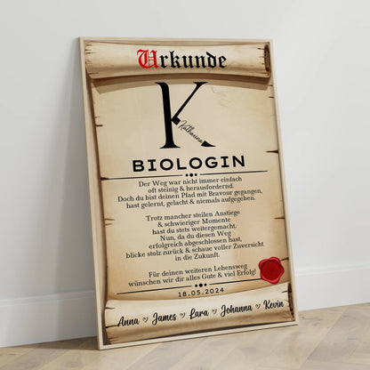 Geschenk Zum Abschluss Ausbildung Biologin Poster Urkunde