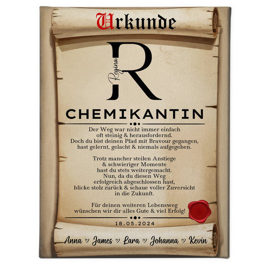 Ausbildungsabschluss Geschenk Chemikantin Leinwand Urkunde 1