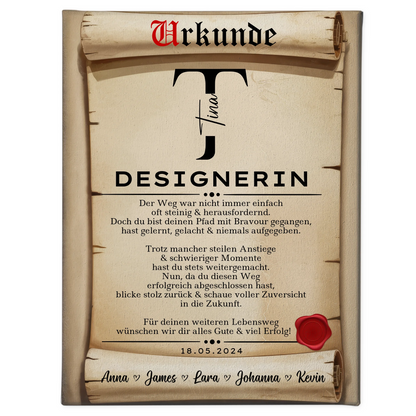 Geschenk Abschluss Ausbildung Designerin Leinwand Urkunde 1
