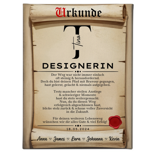 Geschenk Abschluss Ausbildung Designerin Leinwand Urkunde 1