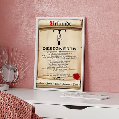 Geschenk Abschluss Ausbildung Poster Urkunde Designerin