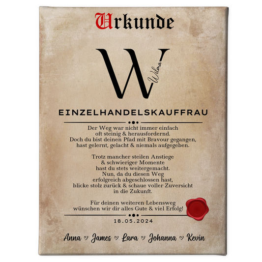 Geschenk Abschluss Ausbildung Einzelhandelskauffrau Leinwand Urkunde 1