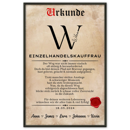 Geschenk Abschluss Ausbildung Einzelhandelskauffrau Poster Urkunde personalisiert