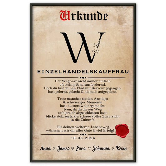Geschenk Abschluss Ausbildung Einzelhandelskauffrau Poster Urkunde personalisiert