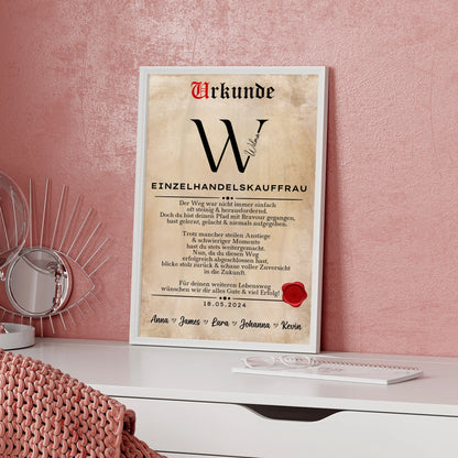 Geschenk Abschluss Ausbildung Einzelhandelskauffrau Poster Urkunde personalisiert