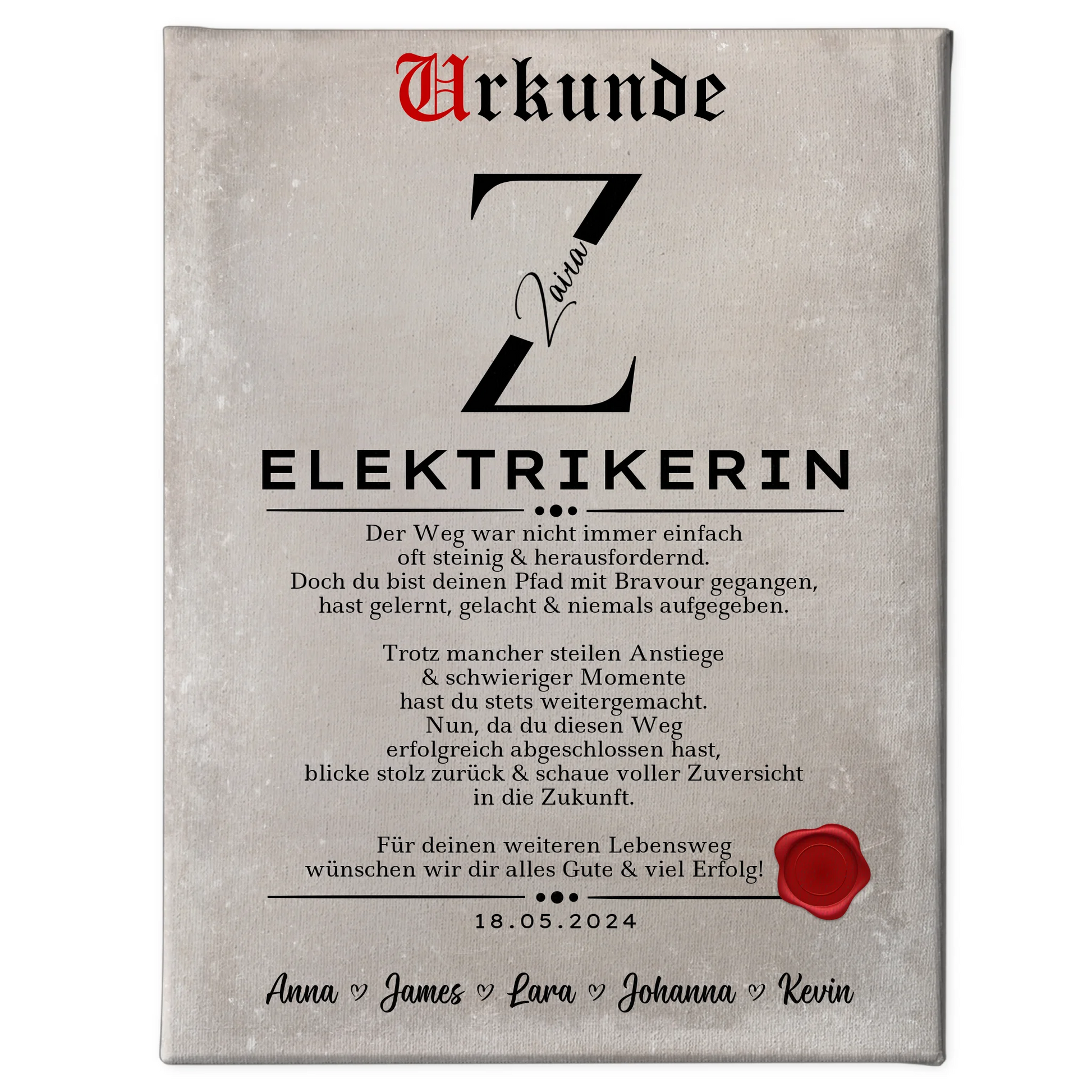 Ausbildungsabschluss Geschenk Elektrikerin Leinwand Urkunde 1