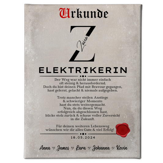 Ausbildungsabschluss Geschenk Elektrikerin Leinwand Urkunde 1