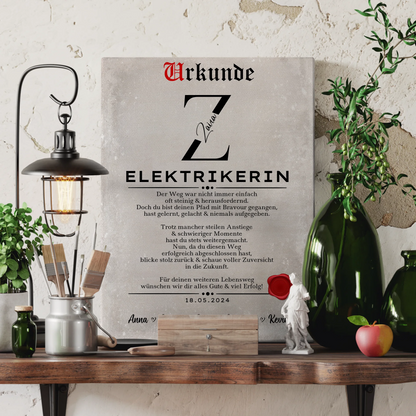 Ausbildungsabschluss Geschenk Elektrikerin Leinwand Urkunde 3