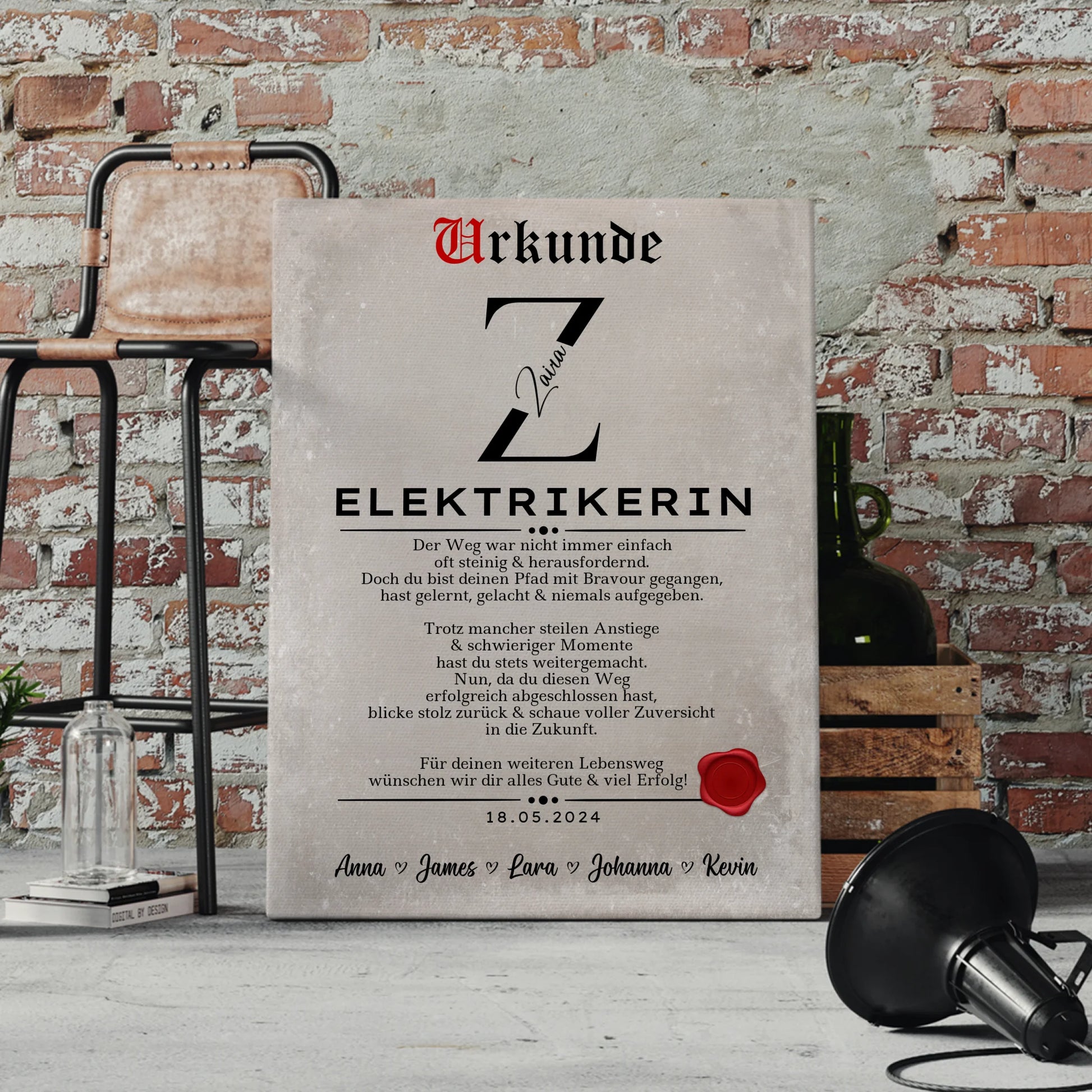Ausbildungsabschluss Geschenk Elektrikerin Leinwand Urkunde 4