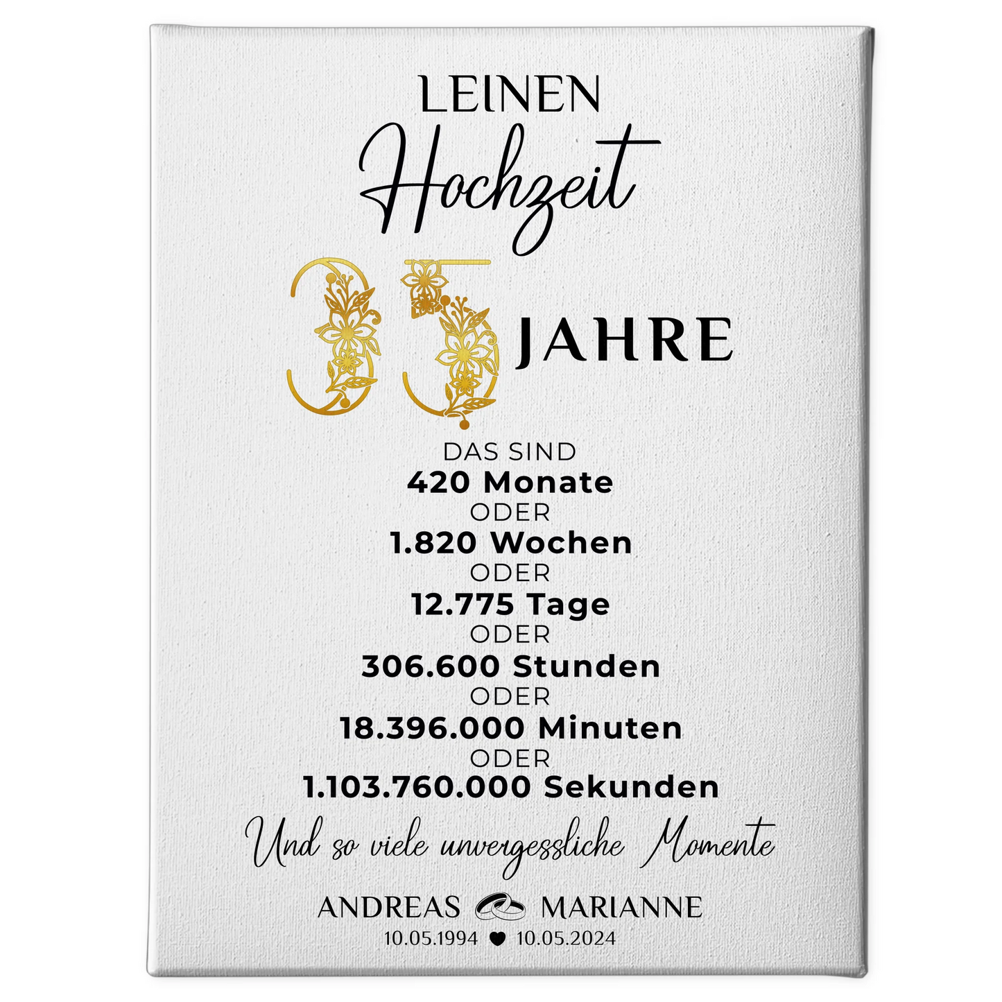 Personalisierte Leinwand Geschenk für 35 Hochzeitstag zur Leinenhochzeit