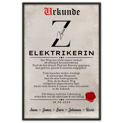 Ausbildungsabschluss Geschenk Poster Urkunde Elektrikerin