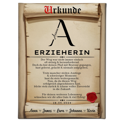 Geschenk Zum Abschluss Ausbildung Erzieherin Leinwand Urkunde 1