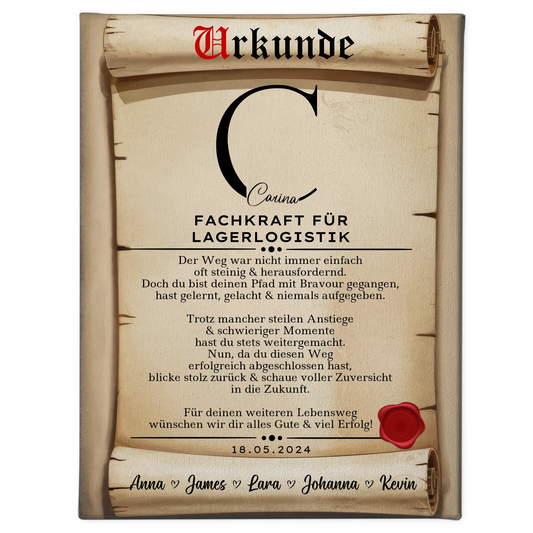Ausbildungsabschluss Geschenk Fachkraft für Lagerlogistik Leinwand Urkunde 1