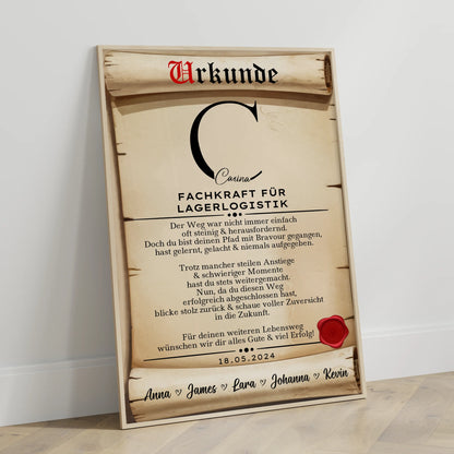 Personalisiertes Poster Urkunde Ausbildungsabschluss Geschenk Fachkraft für Lagerlogistik
