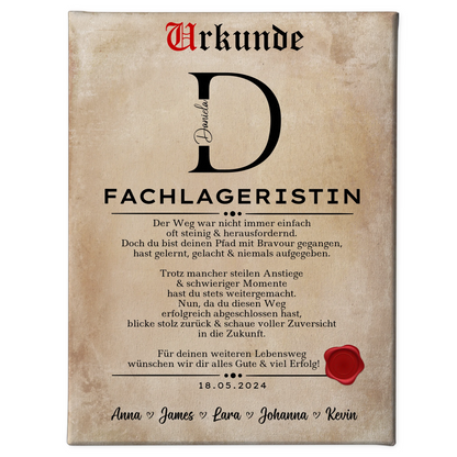 Geschenk Zum Abschluss Ausbildung Fachlageristin Leinwand Urkunde 1