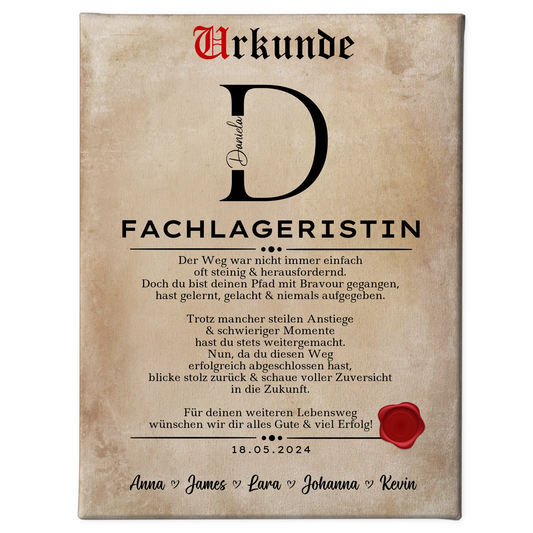 Geschenk Zum Abschluss Ausbildung Fachlageristin Leinwand Urkunde 1