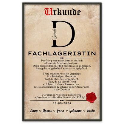 Geschenk Zum Abschluss Ausbildung Fachlageristin Poster Urkunde Personalisiert