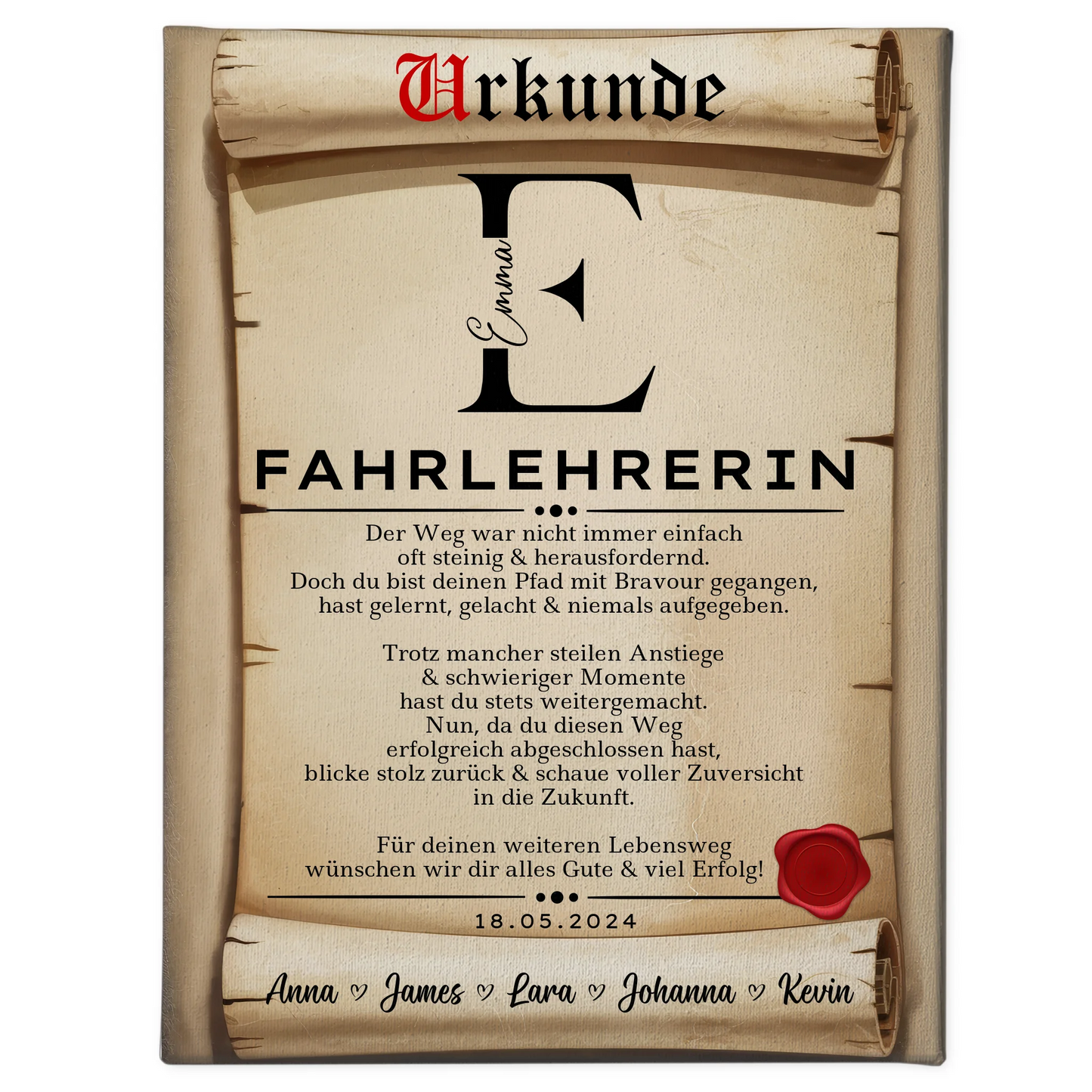 Geschenk Abschluss Ausbildung Fahrlehrerin Leinwand Urkunde 1