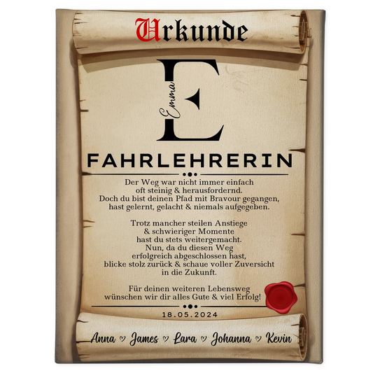 Geschenk Abschluss Ausbildung Fahrlehrerin Leinwand Urkunde 1