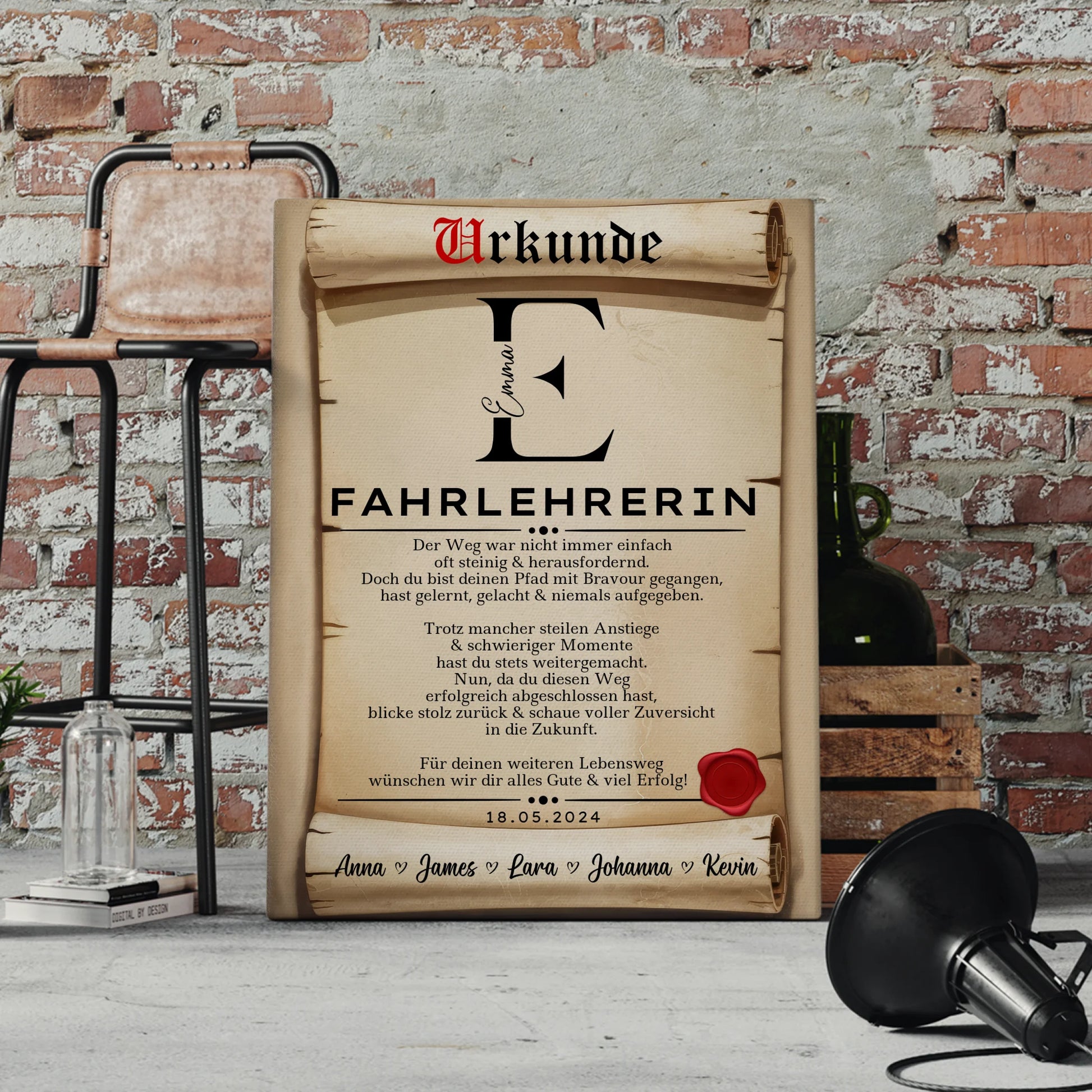 Geschenk Abschluss Ausbildung Fahrlehrerin Leinwand Urkunde 4