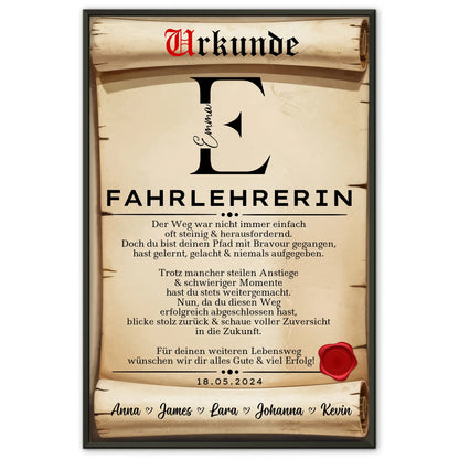 Geschenk Abschluss Ausbildung Fahrlehrerin Poster Urkunde