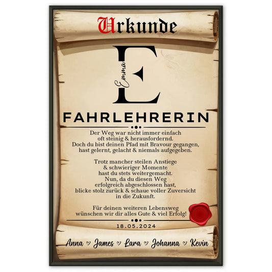 Geschenk Abschluss Ausbildung Fahrlehrerin Poster Urkunde