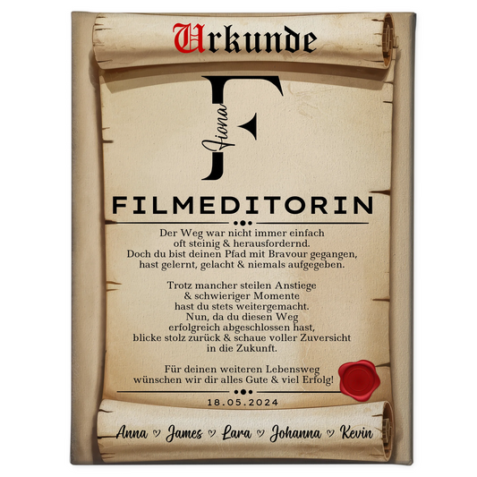 Ausbildungsabschluss Geschenk Filmeditorin Leinwand Urkunde 1