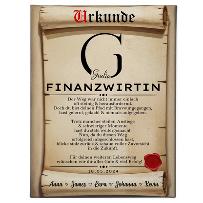 Geschenk Zum Abschluss Ausbildung Finanzwirtin Leinwand Urkunde 1